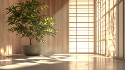 Poster - 3D rendering of an empty oriental Japanese style room featuring white and brown wood panel walls and a dracaena tree illuminated by sunlight filtering through a shoji window ideal for interior des