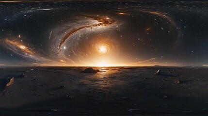 Poster - 360 degree stellar system and glowing nebula in 3D cartoon rendering Equirectangular projection spherical panorama and HDRI map environment