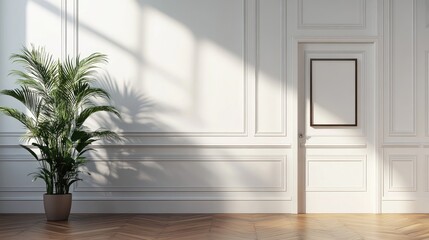 Poster - 3D rendering of a classic white wall background with a brown parquet floor and home furniture details featuring a frame and a potted plant