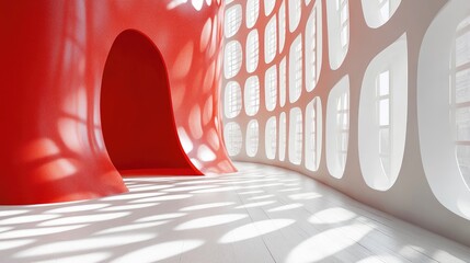 Poster - abstract red and white parametric interior featuring a window in 3d rendering