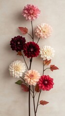 Poster - Colorful dahlia bouquet in a vase against a beige wall, vibrant and elegant, with pink, red, and white blossoms and lush leaves, creating a romantic and sophisticated feel