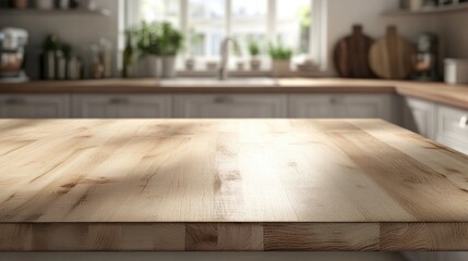 Poster - 3D rendering of an empty wooden table countertop against a blurred abstract kitchen interior background with bokeh ideal for product display or montage Beautiful banner