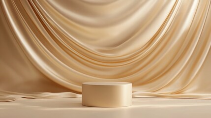 Luxury product display featuring a beige pedestal and silk fabric drape Abstract gold fashion backdrop 3D rendered illustration