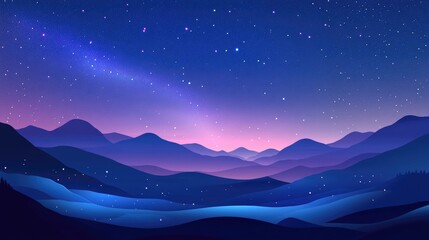 Wall Mural - Landscape featuring a gradient blue and purple Milky Way galaxy in a 3D cartoon rendering Night sky adorned with stars