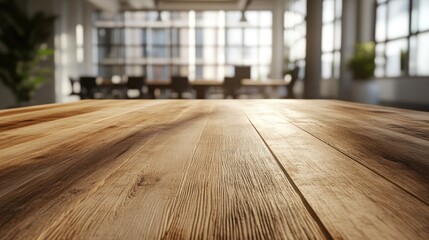 Poster - 3d rendering of an empty wooden tabletop with a blurred office environment in the background