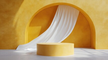 Wall Mural - Yellow podium with white flowing fabric against an arched wall Mockup for product showcasing and presentation 3D rendering