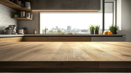Poster - 3D rendering of an empty wooden table in a modern kitchen interior for product display montage