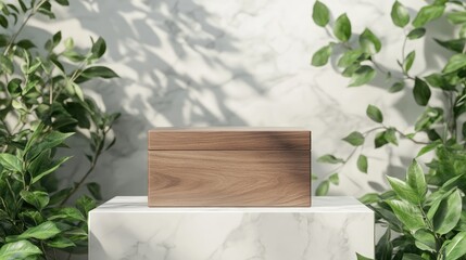 Poster - Luxurious brown wooden box on a square podium with green leaves against a white marble background Ideal for showcasing products like perfumes and cosmetics 3D render
