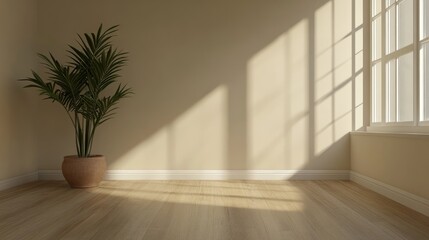 Poster - Empty room interior with beige walls and a potted plant on wooden flooring 3D rendering