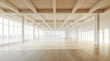 Poster - 3D rendering of a vacant area featuring a ceiling with white wooden beams and a wooden floor illuminated by gentle natural daylight