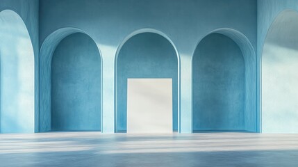 Poster - 3D rendering of an empty room showcasing a blank stand with a blue pastel color theme for interior design