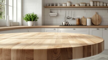 Poster - 3D rendering of an empty beautiful round wooden tabletop in a clean and bright kitchen interior ideal for display and product montage