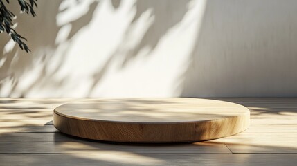 Poster - 3d rendering of an empty beautiful round wood tabletop in a clean and bright interior with shadowed 