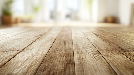 Poster - 3D rendering of a close up view of a wooden table with a blurred background