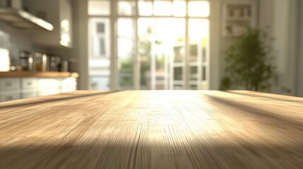 Poster - 3D rendering of a blurred modern interior kitchen featuring an empty wood table with a bright sunlit atmosphere