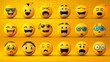 © Maharram - Create a vibrant set of yellow emoji faces in a playful vector graphic style, featuring exaggerated expressions of laughter, shock, and love. This collection is perfect for digital designs and social