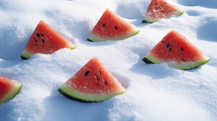 Wall Mural - Slices of ripe watermelon contrast beautifully with snow in bright sunlight, creating a refreshing image blending summer and winter flavors