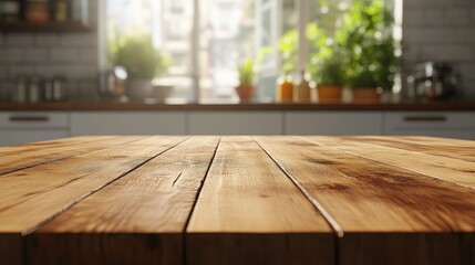 Poster - Beautiful empty wooden table top with a blurred bokeh background in a modern kitchen interior featuring 3D rendering elements ideal for product montage