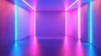 Poster - 3D rendering of an empty studio scene with a blue and pink neon light background featuring gradient wallpaper and flooring suitable for product displays