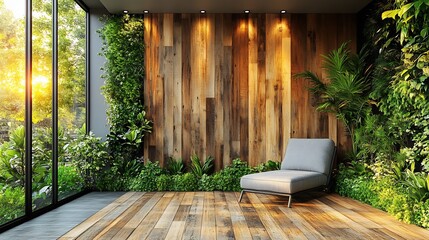 Fototapete - Minimalistic wooden terrace with fresh green grass highlighted by a clean empty wood plank wall and a chic gray chair offering a peaceful spot for enjoying nature's beauty