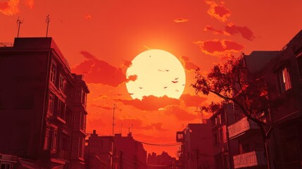 Poster - red sky in a 3d cartoon rendering