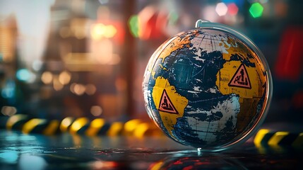 Poster - A globe adorned with warning signs and caution symbols reflecting global issues and environmental concerns