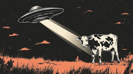 An extraterrestrial spacecraft abducts a cow using a beam in this 2d stencil illustration