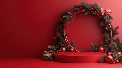 Poster - Red holiday greeting card with an empty circular podium for product display on a red backdrop 3D rendering and illustration