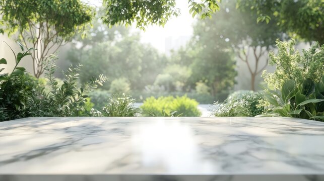 3D rendering of an empty white stone marble table top with a blurred interior space featuring a view of greenery from a garden suitable for product display or montage