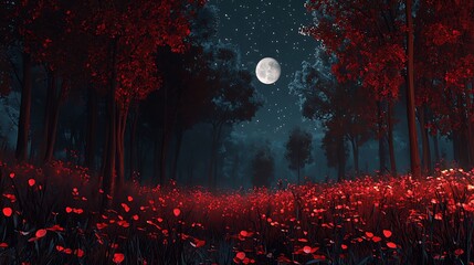 Poster - Enchanted moonlit forest a serene nightscape where radiant blooms illuminate the night sky