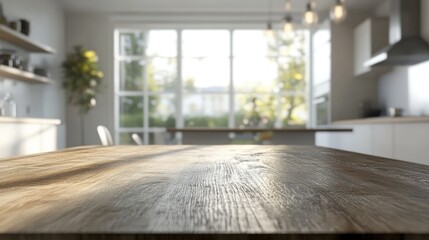 Poster - 3D rendering of an empty beautiful wooden table top with a blurred bokeh effect in a clean and bright modern kitchen interior ready for product montage
