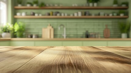 Poster - 3D rendering of a wooden table surface with a blurred modern kitchen interior in green tones