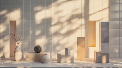 Poster - 3D rendering of various objects displayed against a white tile backdrop illuminated by warm sunlight