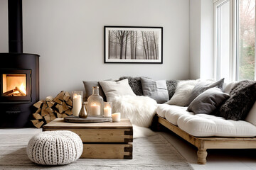 Minimalist, rustic interior design of modern living room. Corner sofa with grey and fur pillows near fireplace.