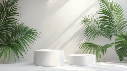 Poster - White podiums and pedestals set against a blank background for product showcasing accompanied by green palm leaves Unoccupied stands for product presentation 3D illustration