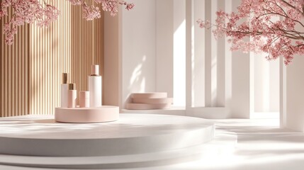 Poster - 3D render showcasing pedestal scenes with geometric platforms and a white background designed for displaying cosmetic products