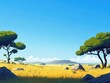 © VRVisionary - Cartoon illustration of an African savannah landscape featuring wild nature green trees rocks and a grassy plain under a clear blue sky designed in a panoramic parallax style