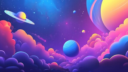Poster - Science fiction wallpaper featuring a 3D cartoon rendering of the beauty of deep space Colorful graphics for a background depicting clouds the night sky the universe galaxies and planets