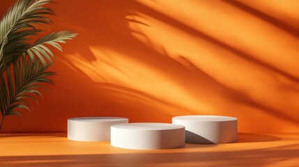 Poster - orange backdrop for showcasing products featuring shadows and light vacant podiums on an orange surf