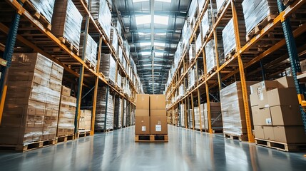 Bright and Spacious Warehouse Interior with Skylights and Organized Storage System