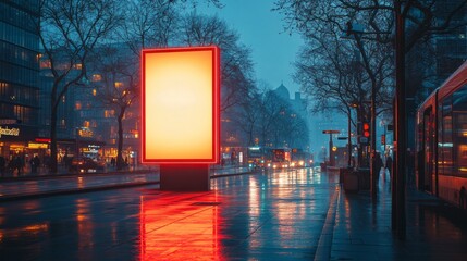 Poster - A large billboard is lit up in red on a rainy city street
