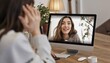 © musfikur - A young  woman with long brown hair smiling and waving at the camera during a video call on a laptop