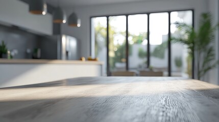 Poster - 3D rendering of an empty dining table in a blurred modern kitchen interior