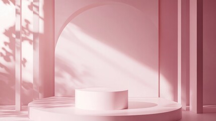 Poster - Pink shapes on a pink abstract backdrop Minimalist box and curved geometric podium Scene featuring geometric forms Vacant display for cosmetic product showcasing Fashion publication 3D rendering