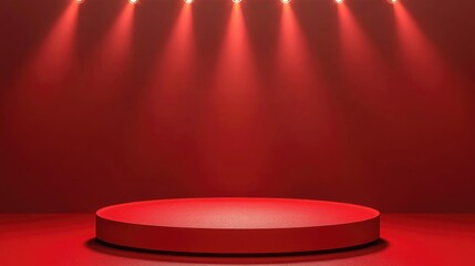 Poster - Red podium platform designed for product presentations 3D rendering of a luxurious pedestal stand display Empty tabletop stage with spotlight backdrop