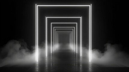 Poster - neon light in futuristic geometric tunnel with smoke floor dreamlike imagination stage black backgro