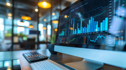 Poster - business audit data statistics display on computer screen in modern office