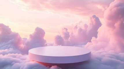 Poster - Pastel podium surrounded by clouds on a soft colored background 3D rendering