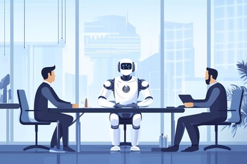 Artificial General Intelligence Humanoid Robots Human Robot Interaction In Business People Having Job Interview Interviewing Candidates Businessmen Company Office Ai Threat Replacing Manpower