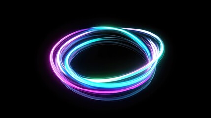 Poster - Neon circle lines in a 3D cartoon rendering with empty copy space isolated on a black background Long exposure photo of colorful LED lights in rotation Glowing eco friendly light Abstraction of a 